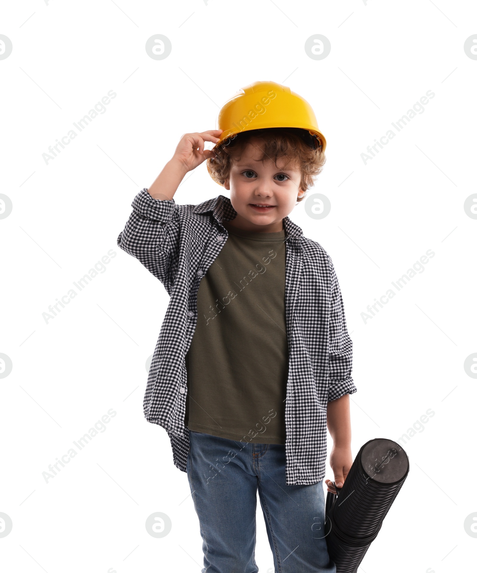 Choice of profession. Little kid in hard hat with draft pretending to be engineer on white background Photo of Choice of profession. Little kid in hard hat with draft pretending to be engineer on white background