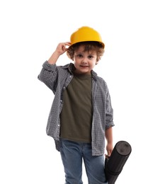 Photo of Choice of profession. Little kid in hard hat with draft pretending to be engineer on white background