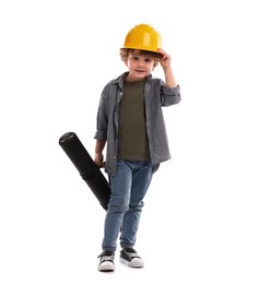 Photo of Choice of profession. Little kid in hard hat with draft pretending to be engineer on white background