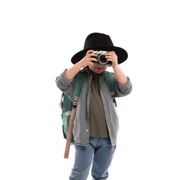 Photo of Choice of profession. Little boy in hat with camera pretending to be photographer on white background