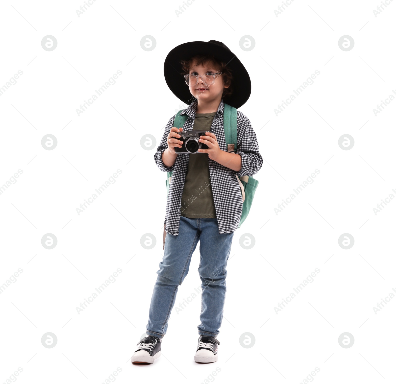 Choice of profession. Little boy in hat with camera pretending to be photographer on white background Photo of Choice of profession. Little boy in hat with camera pretending to be photographer on white background