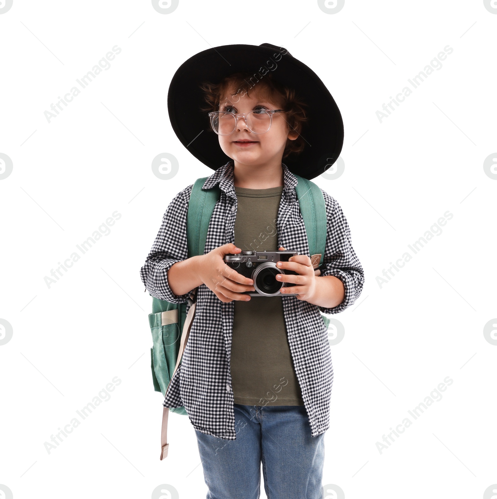 Choice of profession. Little boy in hat with camera pretending to be photographer on white background Photo of Choice of profession. Little boy in hat with camera pretending to be photographer on white background