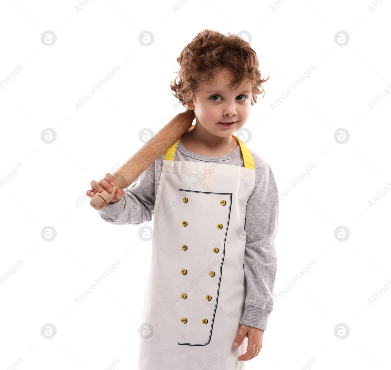 Choice of profession. Little boy with wooden rolling pin pretending to be chef on white background Photo of Choice of profession. Little boy with wooden rolling pin pretending to be chef on white background