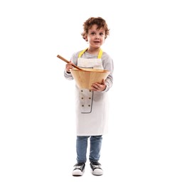 Photo of Choice of profession. Little boy with wooden bowl and spoon pretending to be chef on white background