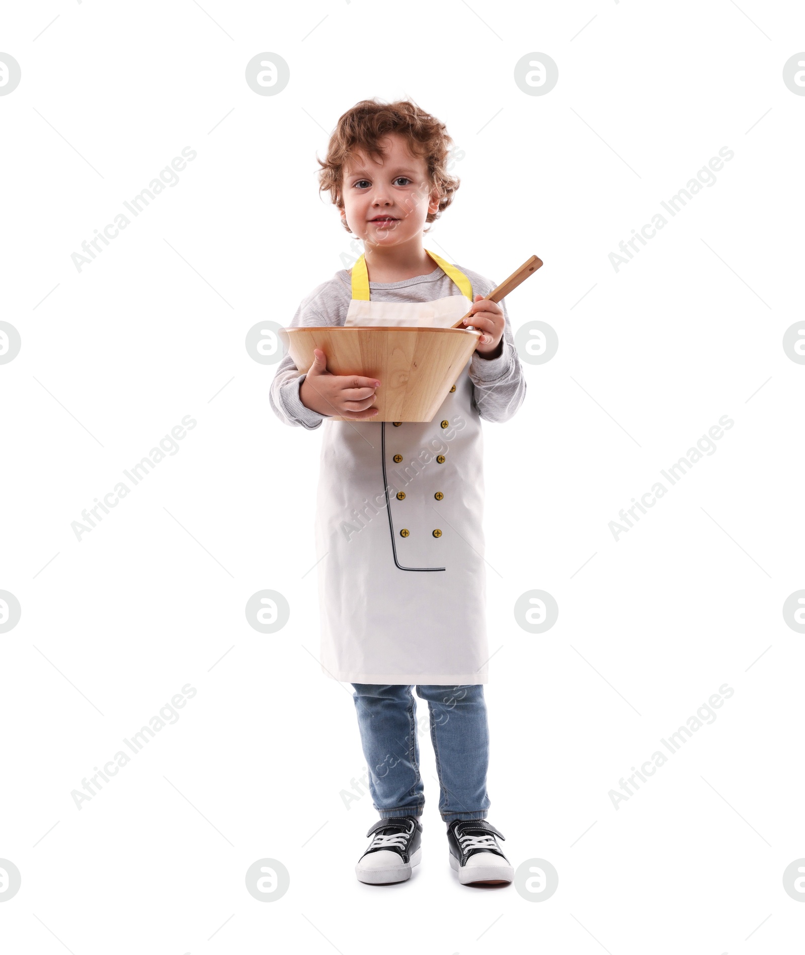 Choice of profession. Little boy with wooden bowl and spoon pretending to be chef on white background Photo of Choice of profession. Little boy with wooden bowl and spoon pretending to be chef on white background