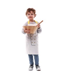 Photo of Choice of profession. Little boy with wooden bowl and spoon pretending to be chef on white background
