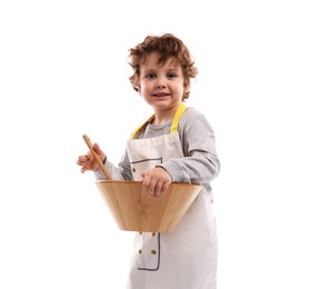 Photo of Choice of profession. Little boy with wooden bowl and spoon pretending to be chef on white background