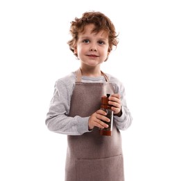 Photo of Choice of profession. Little boy with spices pretending to be chef on white background