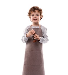 Photo of Choice of profession. Little boy with spices pretending to be chef on white background