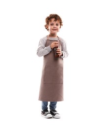 Photo of Choice of profession. Little boy with spices pretending to be chef on white background