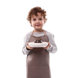 Photo of Choice of profession. Little boy with dessert pretending to be pastry chef on white background