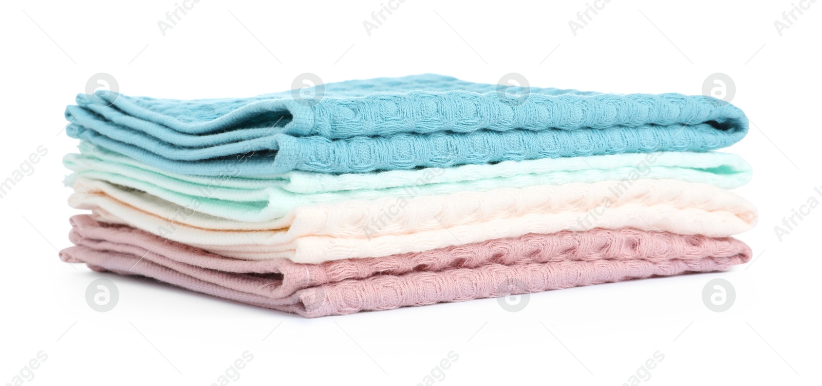 Photo of Stack of soft waffle towels isolated on white