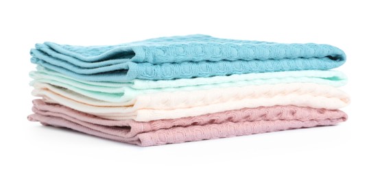 Photo of Stack of soft waffle towels isolated on white