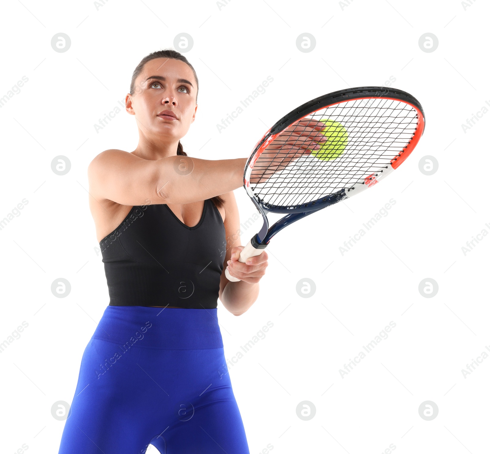 Woman with racket and tennis ball on white background, low angle view Photo of Woman with racket and tennis ball on white background, low angle view