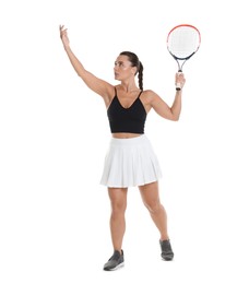 Photo of Woman with racket playing tennis on white background