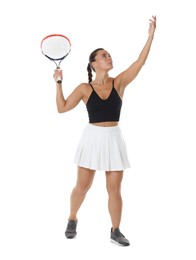 Photo of Woman with racket playing tennis on white background