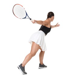 Photo of Woman with racket playing tennis on white background