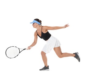 Photo of Woman with racket playing tennis on white background