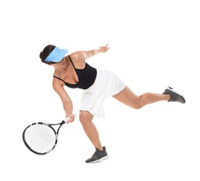 Photo of Woman with racket playing tennis on white background