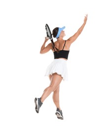 Photo of Woman with racket playing tennis on white background