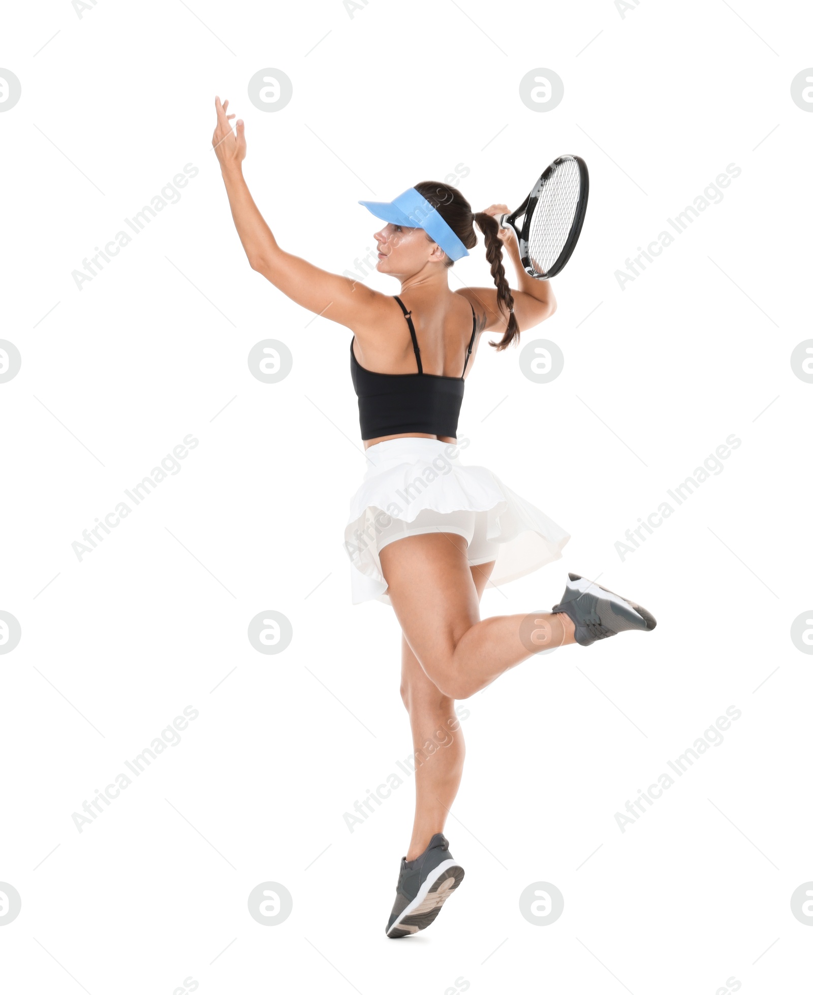 Woman with racket playing tennis on white background Photo of Woman with racket playing tennis on white background