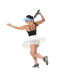 Photo of Woman with racket playing tennis on white background