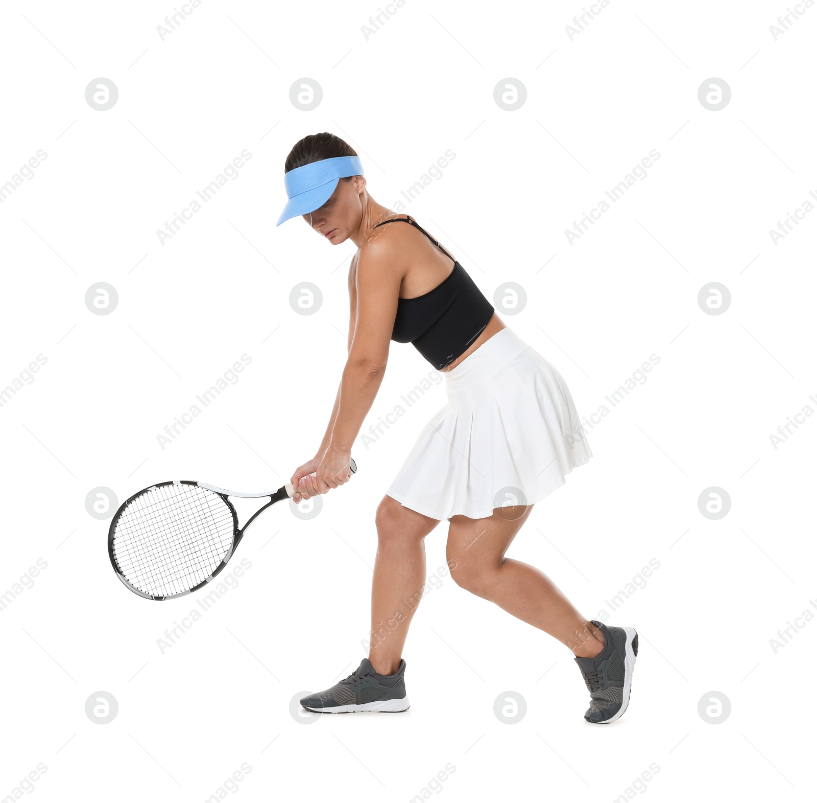 Woman with racket playing tennis on white background Photo of Woman with racket playing tennis on white background