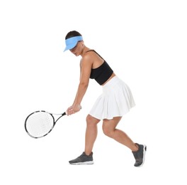 Photo of Woman with racket playing tennis on white background