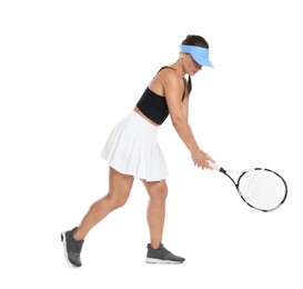 Photo of Woman with racket playing tennis on white background
