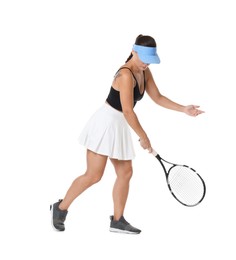 Photo of Woman with racket playing tennis on white background