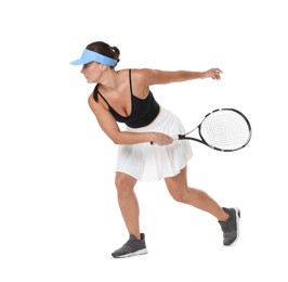 Photo of Woman with racket playing tennis on white background