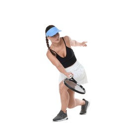 Photo of Woman with racket playing tennis on white background