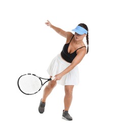 Photo of Woman with racket playing tennis on white background