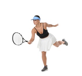 Photo of Woman with racket playing tennis on white background