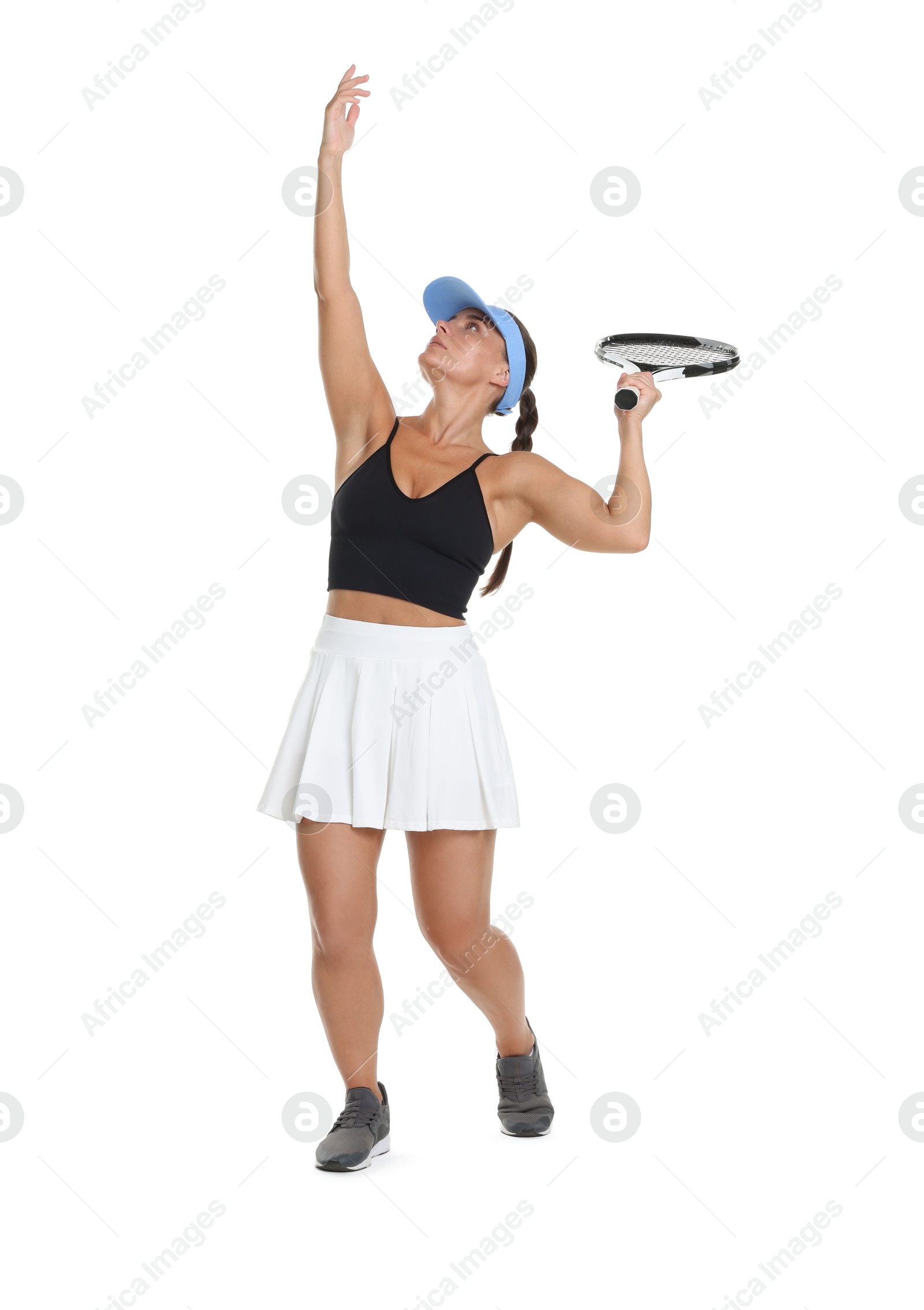 Photo of Woman with racket playing tennis on white background