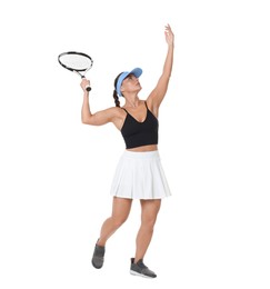 Photo of Woman with racket playing tennis on white background