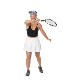 Photo of Woman with racket playing tennis on white background