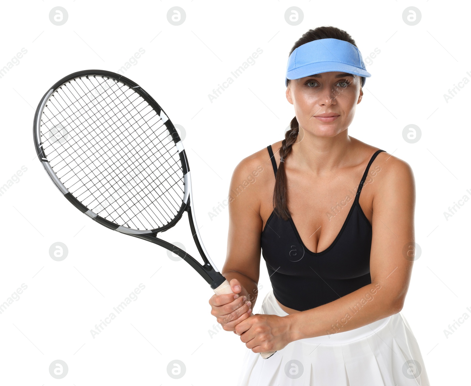 Woman with tennis racket on white background Photo of Woman with tennis racket on white background