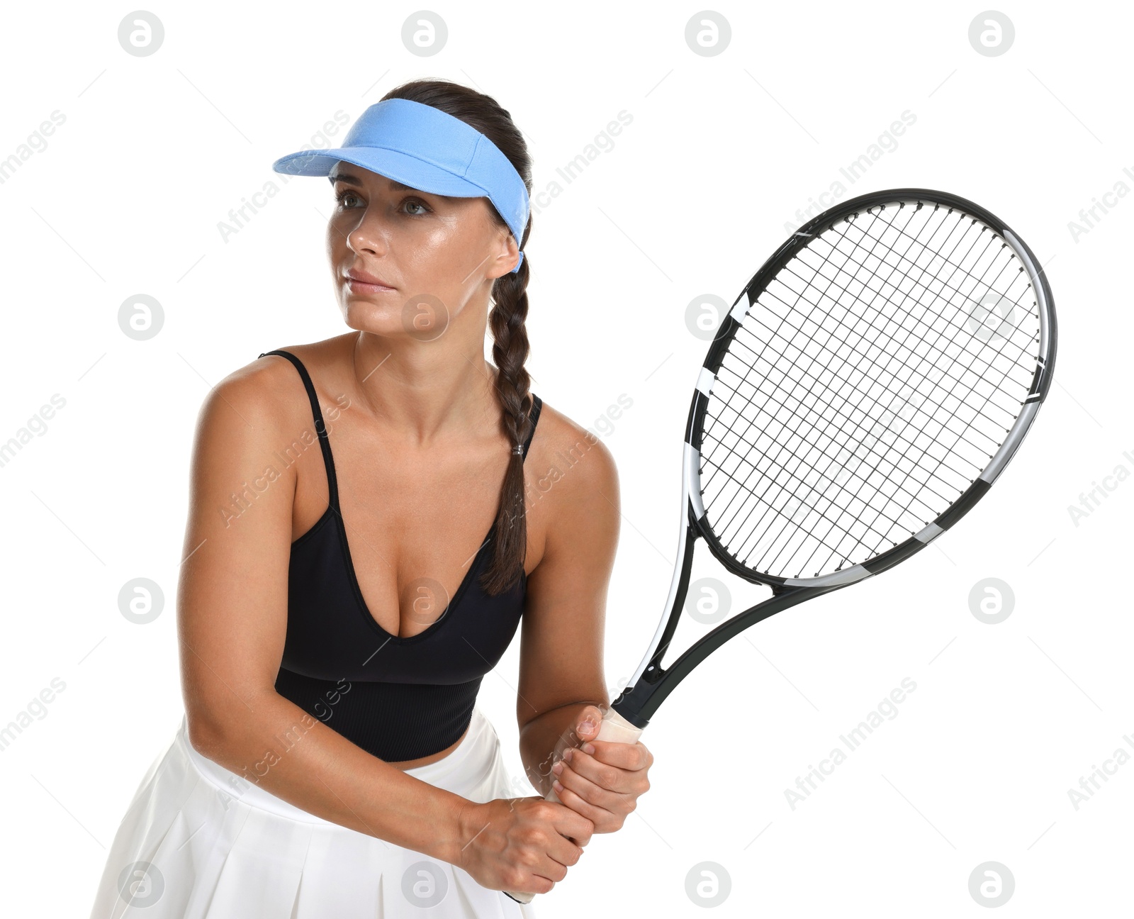 Woman with tennis racket on white background Photo of Woman with tennis racket on white background