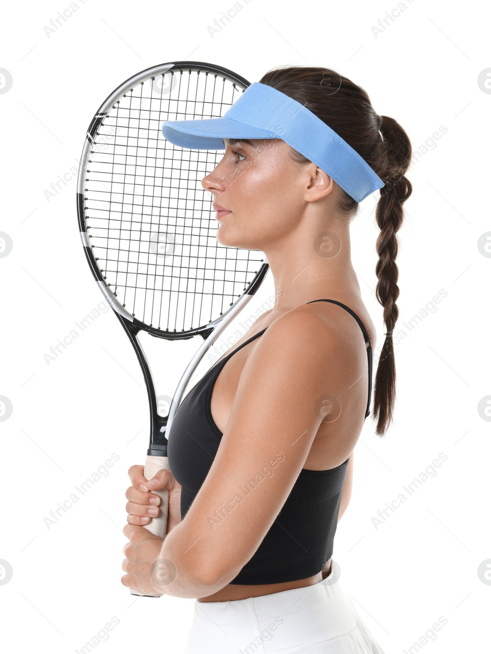 Woman with tennis racket on white background Photo of Woman with tennis racket on white background
