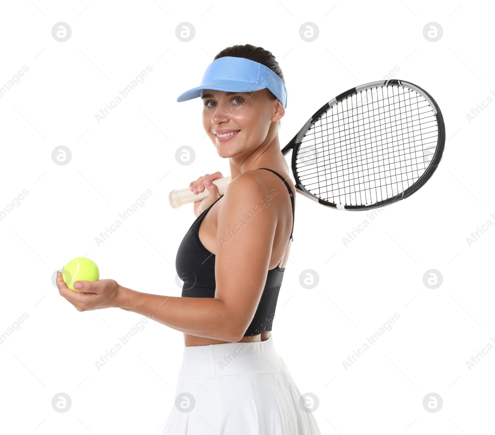 Woman with racket and tennis ball on white background Photo of Woman with racket and tennis ball on white background