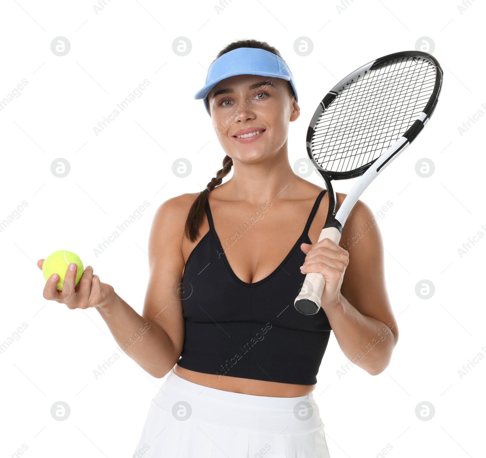 Woman with racket and tennis ball on white background Photo of Woman with racket and tennis ball on white background