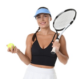Photo of Woman with racket and tennis ball on white background