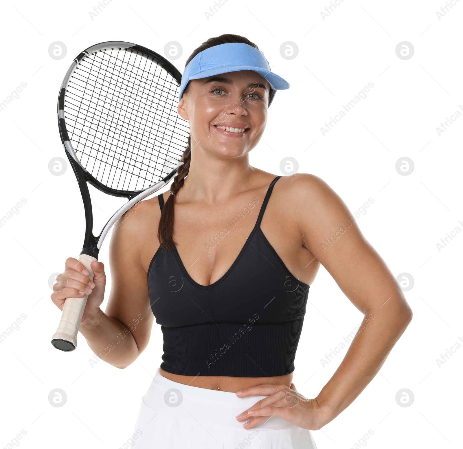 Woman with tennis racket on white background Photo of Woman with tennis racket on white background
