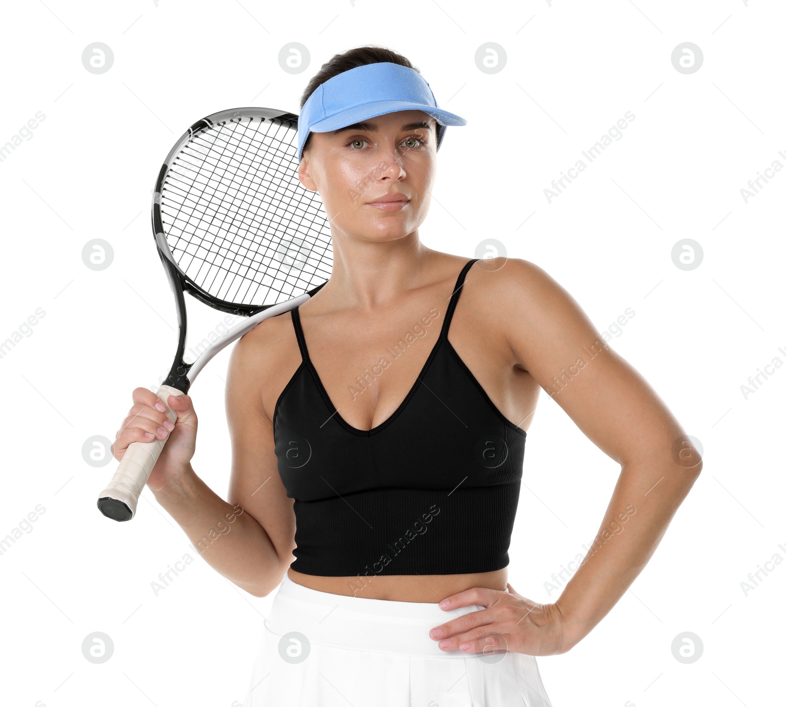 Woman with tennis racket on white background Photo of Woman with tennis racket on white background