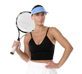 Photo of Woman with tennis racket on white background