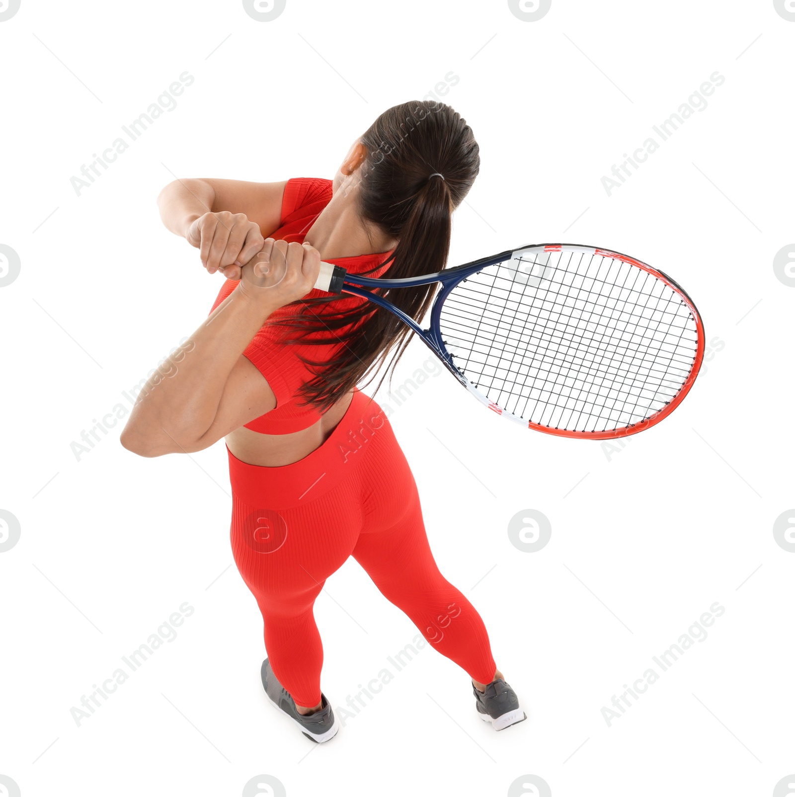 Woman with racket playing tennis on white background, above view Photo of Woman with racket playing tennis on white background, above view