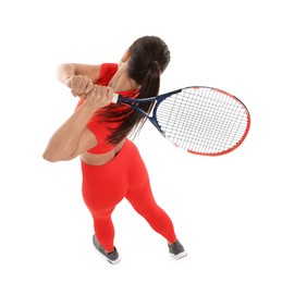 Photo of Woman with racket playing tennis on white background, above view