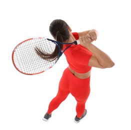 Photo of Woman with racket playing tennis on white background, above view