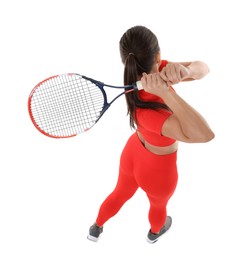 Photo of Woman with racket playing tennis on white background, above view